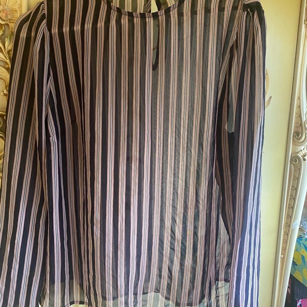 Beautiful shear blue &pink long sleeve striped blouse sz large - Picture 5 of 9